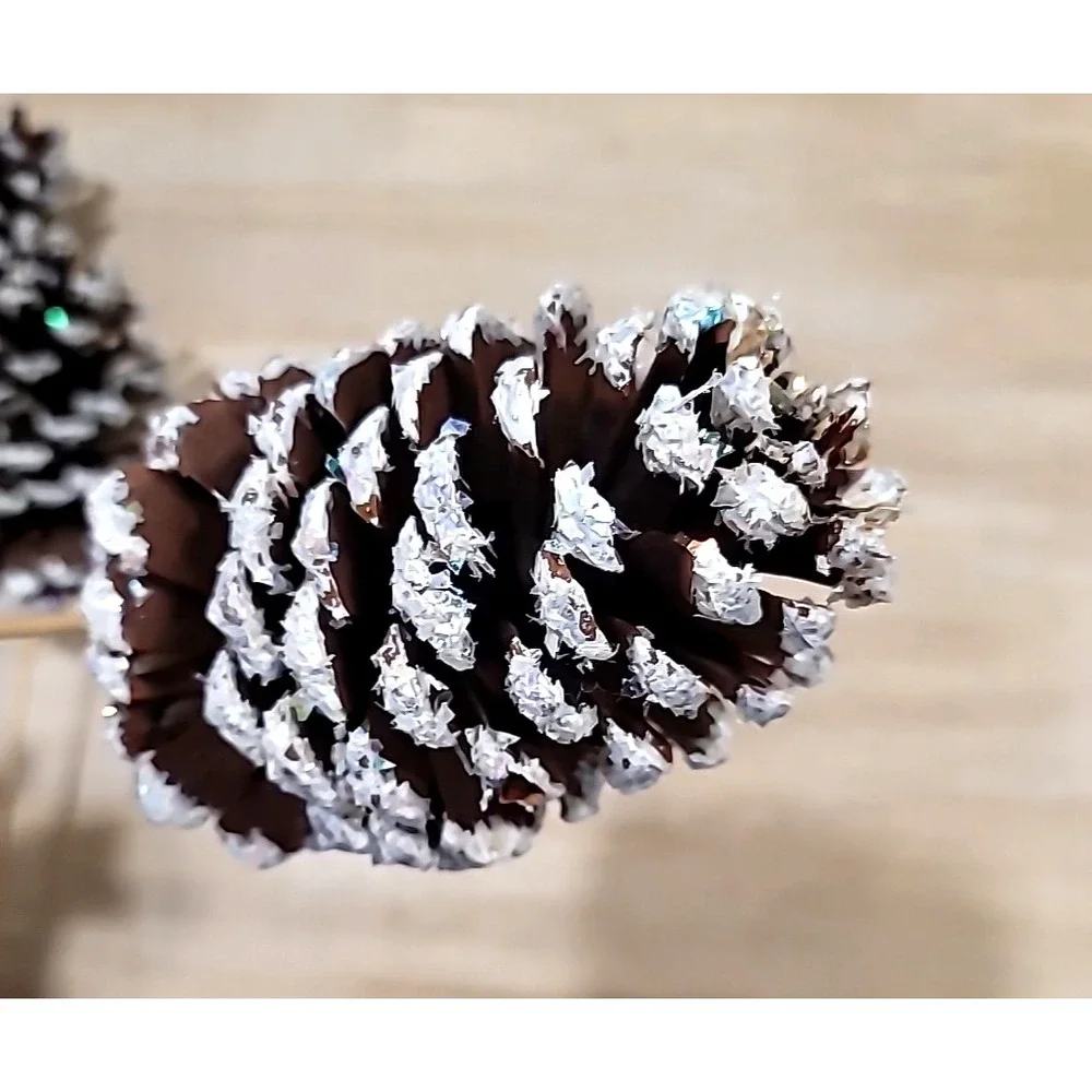 Set Of 3 Large White And Glitter Tipped Pine Cone Picks- Christmas-Porch Pot